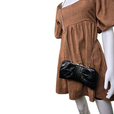 Black Clutch bag purse removable chain strap kiss lock clasp bow formal evening