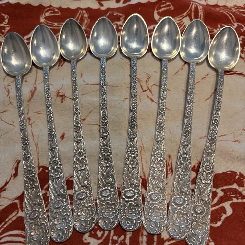 S. Kirk & Son Sterling Silver Repousse Pattern Iced Tea Spoons Set of 8