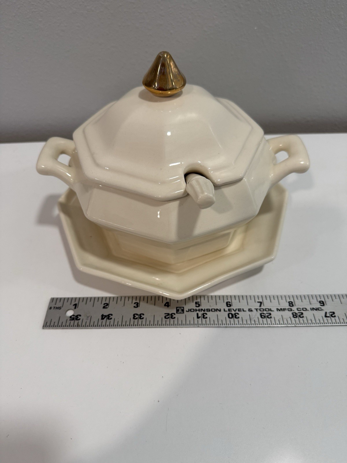 Vintage Off-White Ceramic Soup Tureen Bowl With Underplate, Lid and Ladle. thumbnail 8