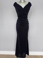 Black Plunge Neckline Ruched Stretchy Glitter Fabric Evening Party Dress Size 12