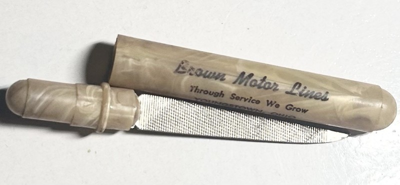 Rare 1930s Celluloid Advertising Nail File Brown Motor Lines Youngstown OH Deco