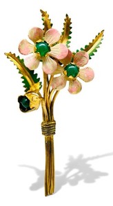 Authentic Vintage Gold Plated 1930’s 4” Enamel Cabochon Pink Flower Bouquet Brooch C Clasp