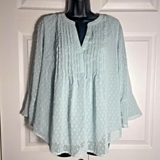 Style Co Pintuck Woven Blouse Petite Medium Harbor Gray Swiss Dot Fairycore Top
