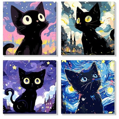 4er Pack Katze Malen nach Zahlen für Erwachsene Anfänger mit Rahmen, Sternenhimmel Malen von 