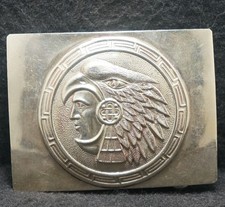 XE07173 VINTAGE 1970s  AZTEC WARRIOR GOD  ARTWORK MENS SILVERTONE BELT BUCKLE