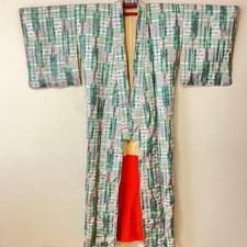Boro Japanese Kimono Aged Textile Robe Lined Kimono Green Checkered Ikat Pattern