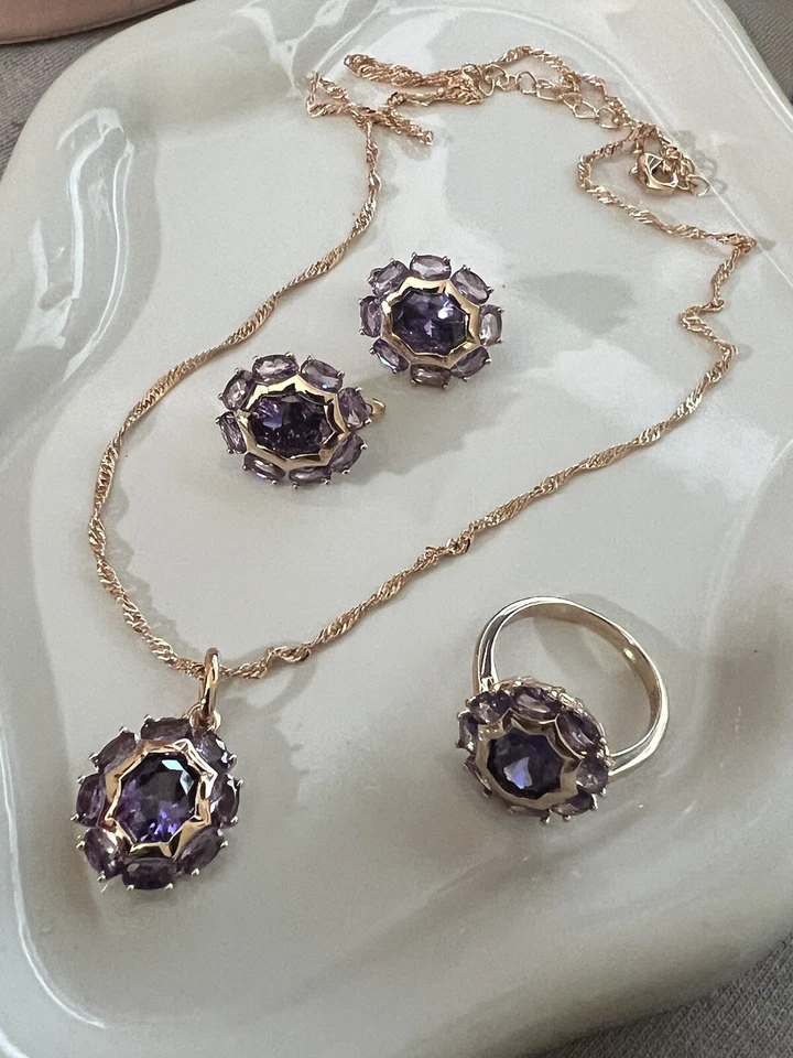 Juego de pendientes collar anillo enchapados en oro rosa de 14k 585 RG amatista natural talla 8 Foto 3 de 3