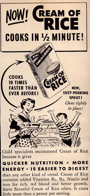 Cream of Rice Hot Cereal Cooks Fast Mom Boy Kitchen Vintage Print Ad 1956