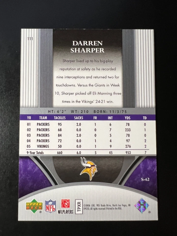 2006 Ultimate Collection #111 Darren Sharper #'d 410/525 Vikings - Image 2 of 2