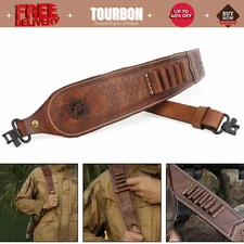 Tourbon Vintage Leather 2 Points Padded Rifle Sling Ammo Holder Rest Swivels Set