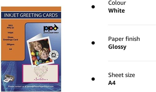 PPD 50 Inkjet Printable Greeting Cards A4 Pre-Scored To A5 260gsm Gloss ...