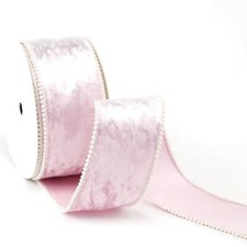 10 Yards 2.5 Inch Pink Crushed Velvet Wired Ribbon with Beaded Pearl Edge