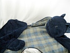 VTG Bear Head Wool Blanket/Throw Blue on Plaid 42 W X 54"L 100 WOOL.