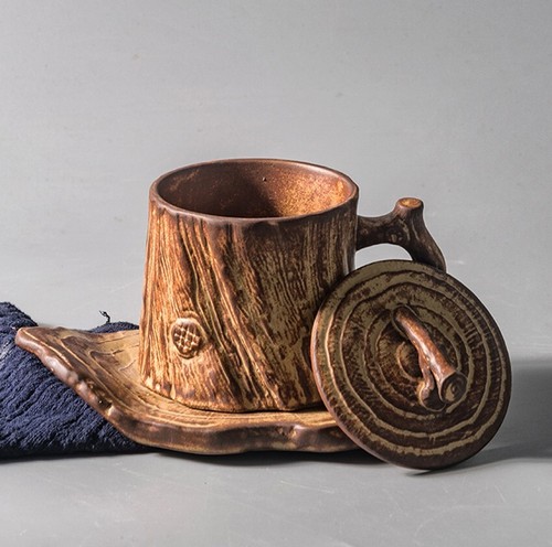 Tlife x Stool Handcrafted Japanese Tree Stump Ceramic Coffee Cup Saucer Set - Picture 3 of 11