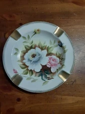 Vintage Ceramic Hand Painted Round Ashtray Floral Pink  Roses Gold Trim Numbered