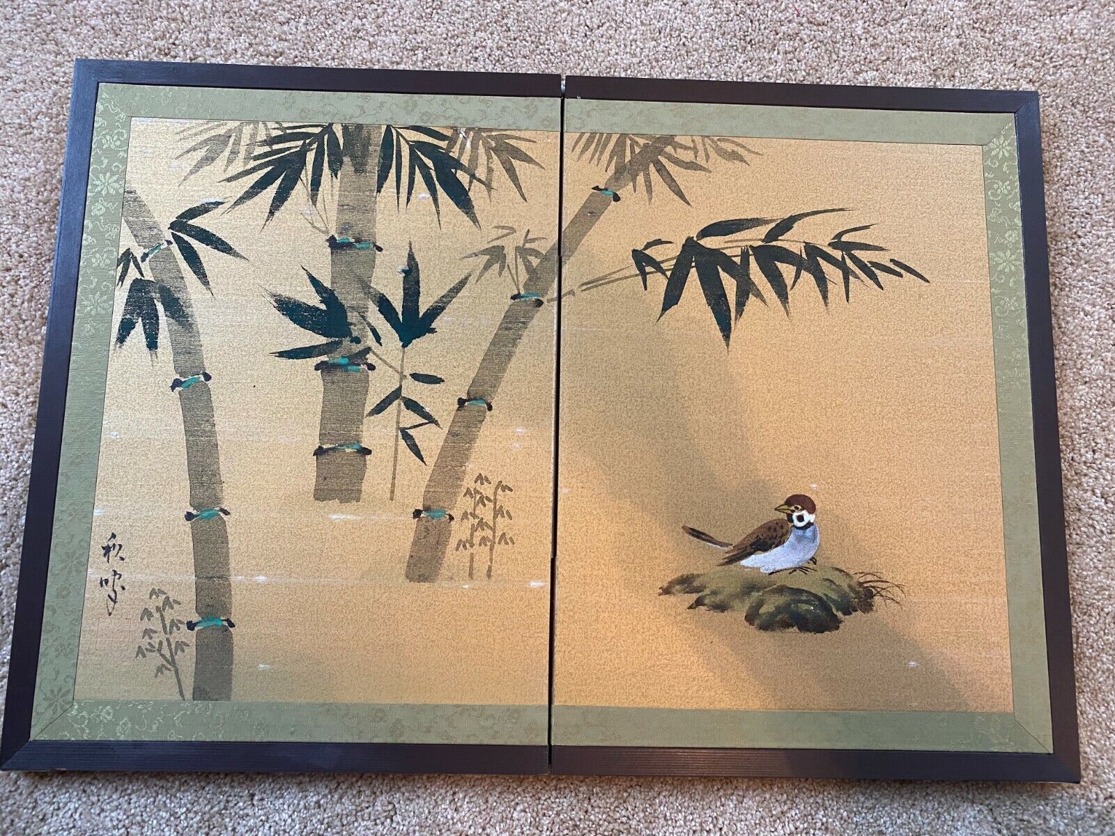 Vintage Japanese Silk Screen 2 Panel Hand Painted in great condition