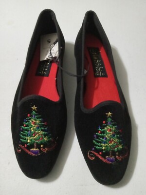Basic Editions Black Velvet Christmas Tree Slip On Shoe Slippers Women Size 5