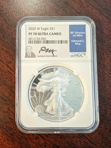 2020 W Proof Silver Eagle $1 PF 70 Ultra Cameo NGC Edmund Moy Hand Signed Blue L