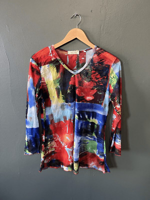 Jess & Jane Womens Long Sleeve Shirt Sheer Abstract Graphic Size Small