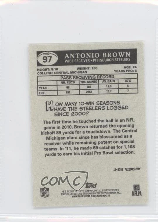 2013 Topps 1959 Topps Design Minis Antonio Brown #97 - Image 2 of 2