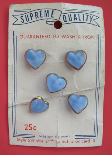 Vintage Moonglow Glass Heart Buttons Five on Card Blue with Gold Luster