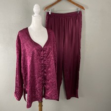 VTG Victorias Secret Pajama Set Size L Maroon Satin Shirt Pants  Missing Button