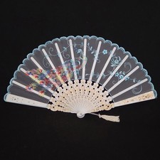 Vintage Folding Hand Fan Ivory w/Colorful Embroidered Peacock Pale Blue Lace
