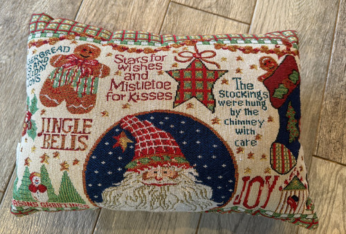 Vintage Tapestry Christmas Throw Pillow Folk Art Accent Cottage Santa Holiday