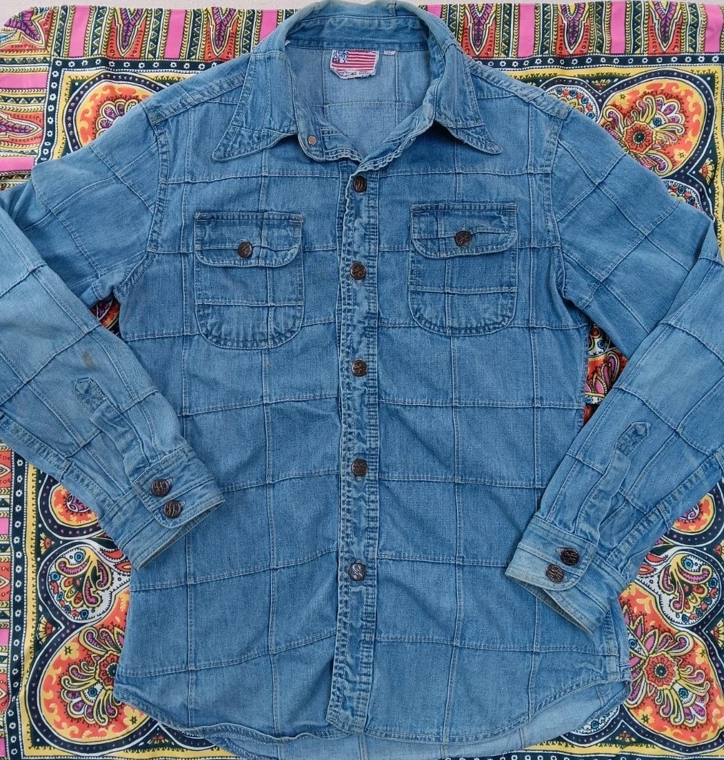 Vintage Retro 1970s Windowpane Patchwork Denim Sh… - image 1