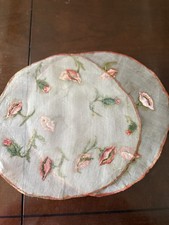 Vintage Hand Painted Doilies ~ 2 @ 11” ~ Shades Of Pink Flowers