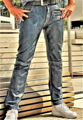 Lederhose Designer Leder-Jeans ECHT-Leder blau Vintage USED LOOK - Bild 1 von 4