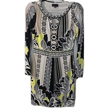 Hale Bob Black Floral Print Dress long sleeve Beaded Neck Collar Womens Small