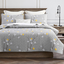 DURLENGEN Floral Quilt Set Queen Size 3Pcs,Grey Branch with Yellow Turquoise Pol