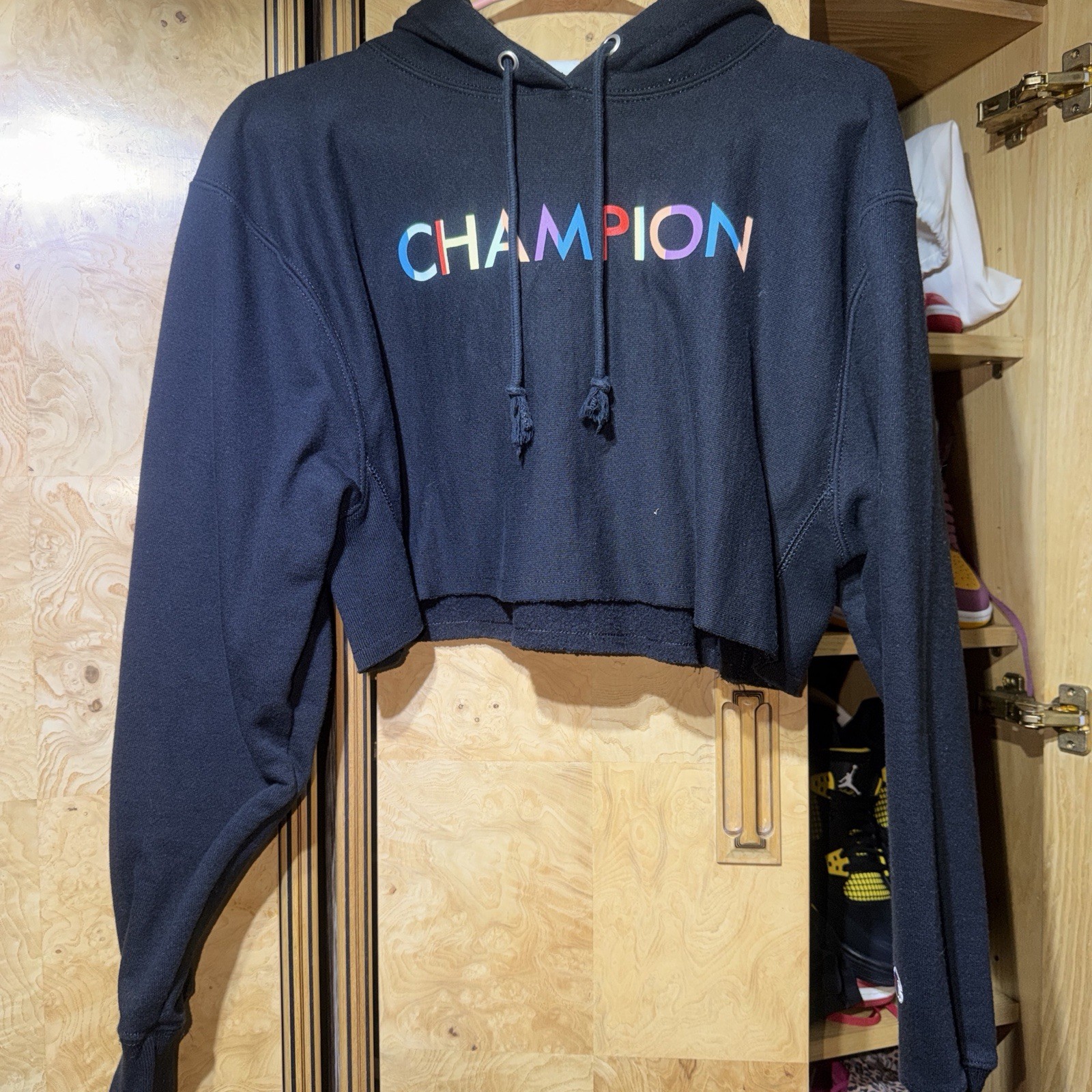 Champion Reverse Weave Cropped Hoodie Pullover Sweatshirt Black Womens Small