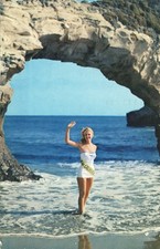 Vintage postcard, Miss California at Natural Bridges Beach, Santa Cruz, CA