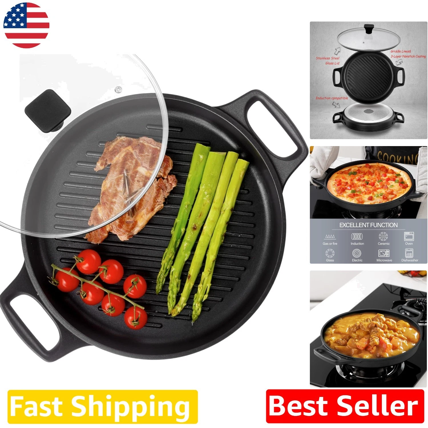Lightweight Cast Aluminum Griddle Pan 12in, Nonstick, Oven & Dishwasher Safe