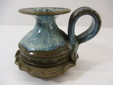 Signed Pottery Sam Machulis Candlestick Holder Artwork Vtg Aqua Brown Vase