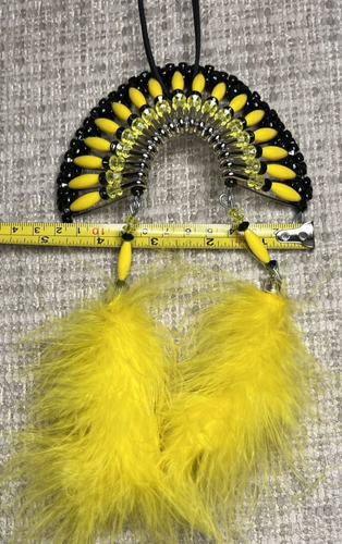 Native American Beaded Indian Headdress with Feathers Hand Made Yellow and Black - Picture 3 of 4