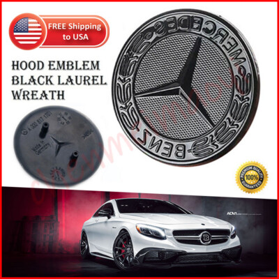 Front Hood Emblem – Classic Black Flat Laurel Wreath Badge For Mercedes Benz – 57mm, Chrome Black