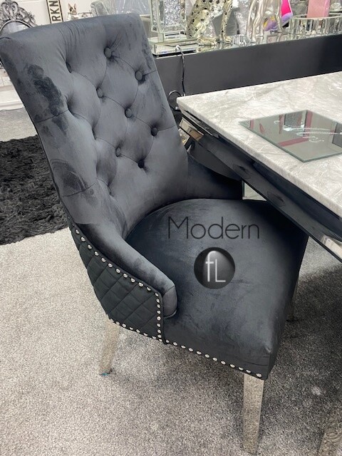 2x Luxury Black Velvet Dining Chairs with Chrome Lion Head Door