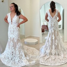 Beach Mermaid Wedding Dresses Deep V Neck Lace Appliques Bridal Gowns Plus Size