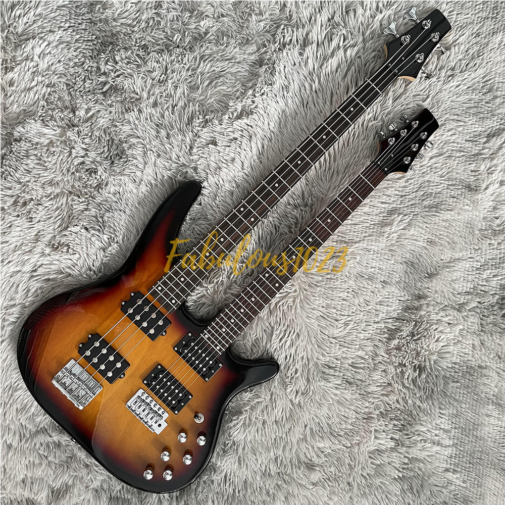 4+6String Bass Guitar&Electric Guitar,Double Neck,Sunburst Color,Chrome