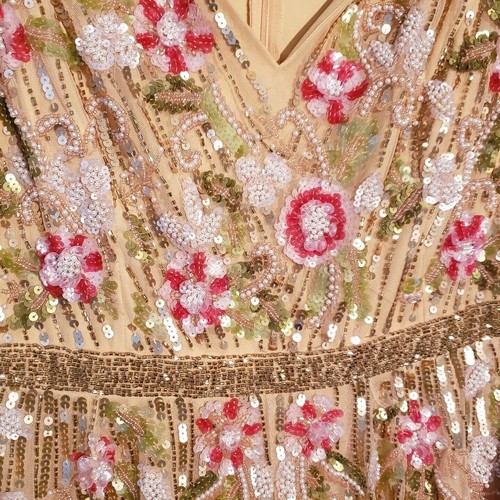 Mac Duggal LONG SLEEVE FLORAL BEADED SEQUIN V Neck MIDI DRESS Gold Size 6 $598 - Picture 6 of 8