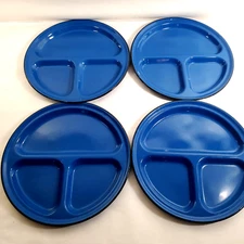 Set of 4 Vintage 12 inch Blue Procelain Divided Plates Black Rim No Chips