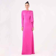 Fuchsia Prom Dress Party Dresses Full Sleeves Stones Beadings Satin Floor Length