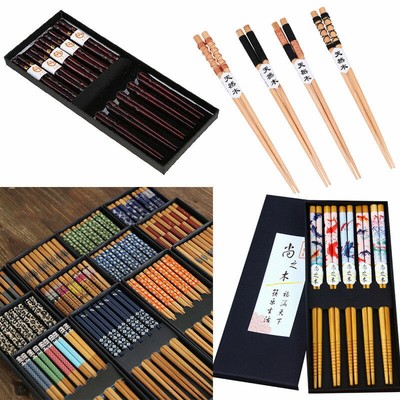 5 Pair Chinese Japanese Reusable Wooden Chopsticks Set Souvenir Gift