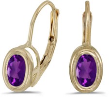 14k Yellow Gold Oval Amethyst Bezel Lever-back Earrings