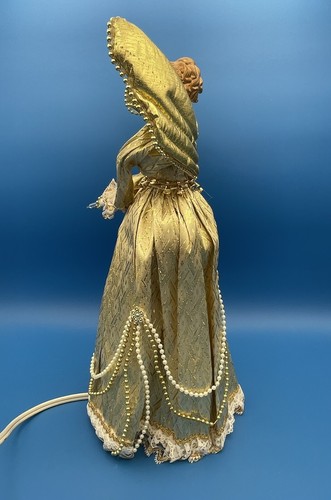 Vintage Lighted Gold Angel Tree Topper Tall 14.5" Gold Lace Beads - Picture 7 of 11