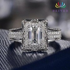 Women's Sterling Silver Rectangle Clear Cubic Zirconia Engagement Ring Size 9