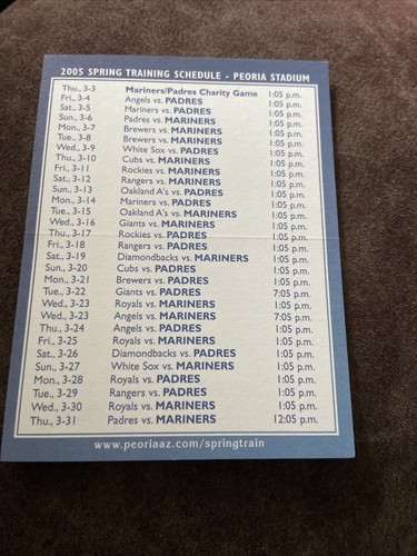 2005 Seattle Mariners and San Diego padres spring training pocket schedule - Picture 2 of 2
